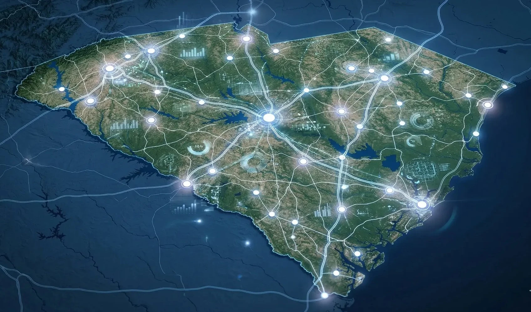South Carolina map with network and data visualization overlay, representing municipal systems and connectivity across the state